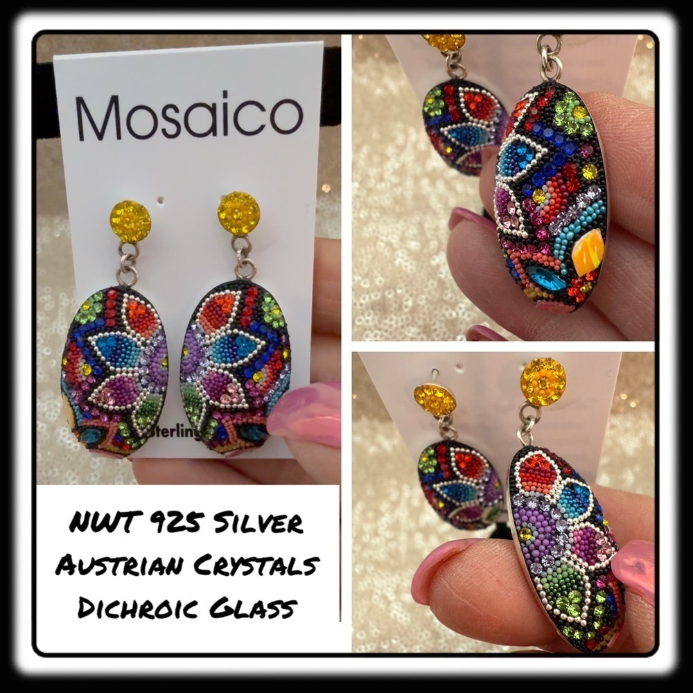 NWT Mosaico STATEMENT Earrings. Austrian Crystal, Dichroic Glass, 925 Silver - Picture 1 of 8